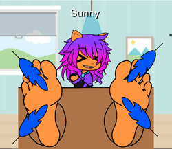 Size: 720x625 | Tagged: safe, artist:bigboyj2007, sunny starscout, earth pony, human, pony, g5, alternate hairstyle, feather, feet, female, fetish, foot fetish, foot focus, gacha life, laughing, solo, text, tickling