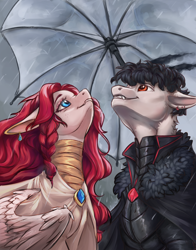 Size: 1044x1331 | Tagged: safe, artist:kirby_orange, pegasus, pony, armor, black hair, cape, clothes, duo, duo male and female, ear piercing, earring, female, jewelry, male, mare, piercing, rain, short hair, smiling, umbrella, wavy hair, wings
