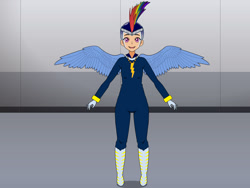 Size: 2000x1500 | Tagged: safe, artist:technopagan9, rainbow dash, zapp, human, g4, boots, eyebrows, female, humanized, kisekae, looking at you, open mouth, open smile, shoes, smiling, smiling at you, solo, spread wings, superhero costume, winged humanization, wings