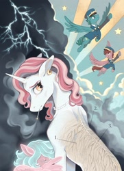 Size: 741x1024 | Tagged: safe, artist:altruistartist, admiral fairy flight, flair d'mare, general flash, oc, oc:clarity, pegasus, pony, unicorn, fanfic:the anatomy of aesthetics, g4, cigarette, ear piercing, fanfic, fanfic art, fanfic cover, horn, human shoulders, lacrimal caruncle, lightning, pegasus oc, piercing, smoking, solo focus, thin, wonderbolts