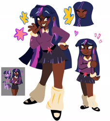 Size: 1860x2048 | Tagged: safe, artist:billtism, twilight sparkle, alicorn, human, pony, g4, belt, clothes, cute, dark skin, eyes closed, female, flats, grin, heart, humanized, leg warmers, mare, shirt, shoes, simple background, skirt, smiling, socks, solo, stars, twiabetes, twilight sparkle (alicorn), waving, white background