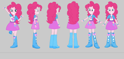 Size: 4170x2009 | Tagged: safe, artist:qbert2kcat, pinkie pie, human, equestria girls, g4, boots, clothes, facing at you, female, gray background, high heel boots, jacket, shirt, shoes, simple background, skirt, solo, vest
