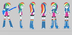 Size: 4176x2027 | Tagged: safe, artist:qbert2kcat, rainbow dash, human, equestria girls, g4, boots, clothes, female, gray background, guitar, high heel boots, jacket, musical instrument, shirt, shoes, simple background, skirt, socks, solo, vest