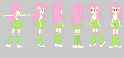 Size: 4340x2045 | Tagged: safe, artist:qbert2kcat, fluttershy, human, equestria girls, g4, bare shoulders, boots, clothes, female, gray background, high heel boots, shirt, shoes, simple background, skirt, sleeveless, socks, solo