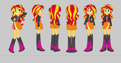 Size: 3884x2022 | Tagged: safe, artist:qbert2kcat, sunset shimmer, human, equestria girls, g4, boots, clothes, female, gray background, high heel boots, jacket, shirt, shoes, simple background, skirt, solo