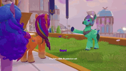 Size: 1280x720 | Tagged: safe, hitch trailblazer, izzy moonbow, pipp petals, sunny starscout, earth pony, pegasus, pony, unicorn, g5, my little pony: a zephyr heights mystery, 3d, animated, brainwashed, cutscene, female, game screencap, guard, horn, magic, male, mare, pointing, smoke, sound, stallion, statue, subtitles, webm, zephyr heights