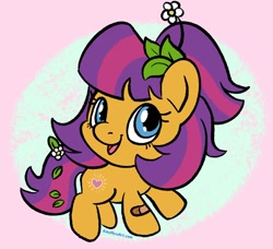 Size: 1200x1094 | Tagged: safe, artist:amynewblue, earth pony, pony, bandaid, blue eyes, chibi, cute, digital art, fanart, female, filly, flower, flower in hair, foal, heart, long hair, maggie joy, not an oc, pink background, rest in peace, sad story, simple background, smiling