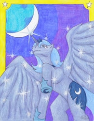Size: 769x988 | Tagged: safe, artist:lunarlight-prism, princess luna, alicorn, pony, g4, belly, female, from below, low angle, mare, raised hoof, s1 luna, solo, traditional art