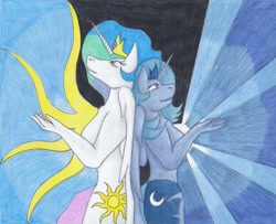 Size: 1000x813 | Tagged: safe, artist:lunarlight-prism, princess celestia, princess luna, alicorn, anthro, g4, 2010, abstract background, back to back, breasts, duo, female, royal sisters, s1 luna, siblings, sideboob, sisters, traditional art