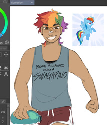 Size: 657x767 | Tagged: safe, artist:taffybuns, screencap, rainbow dash, human, pony, g4, bandaid, bandaid on nose, clenched fist, clip studio paint, clothes, female, filipino, holding, humanized, lidded eyes, multicolored hair, narrowed eyes, no catchlights, rainbow hair, screencap reference, shirt, shorts, simple background, smiling, solo, sports shorts, tan skin, tank top, thick eyebrows, undershirt, water bottle, white background