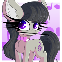 Size: 1982x2000 | Tagged: safe, artist:windykirin, octavia melody, earth pony, pony, g4, bangs, big ears, bow (instrument), bowtie, colored pinnae, cute, eyelashes, female, fluffy, long eyelashes, looking away, mare, mouth hold, music notes, octavia's bowtie, passepartout, smiling, solo, standing, tavibetes, turned head, violin bow