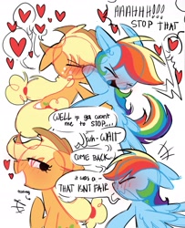 Size: 1355x1670 | Tagged: safe, artist:appledash3r_, applejack, rainbow dash, earth pony, pegasus, pony, g4, 2 panel comic, ><, applejack's hat, blonde mane, blonde tail, blue coat, blue tongue, blushing, blushing profusely, colored, colored sketch, colored tongue, comic, cowboy hat, dialogue, duo, duo female, emanata, eye clipping through hair, eyelashes, eyes closed, female, flat colors, flirting, floating heart, floppy ears, freckles, hat, heart, lesbian, lidded eyes, looking at each other, looking at someone, mare, multicolored hair, multicolored mane, multicolored tail, open mouth, open smile, orange coat, ponytail, rainbow hair, rainbow tail, screaming, ship:appledash, shipping, simple background, sketch, smiling, smiling at each other, speech bubble, spread wings, tail, talking, teasing, text, tied mane, tied tail, tongue out, tsunderainbow, tsundere, wavy mouth, white background, wings, wings down
