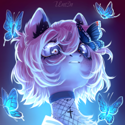 Size: 3000x3000 | Tagged: safe, artist:unt3n, oc, oc only, butterfly, pony, blue eyes, bust, collar, ear piercing, earring, jewelry, piercing, portrait, solo