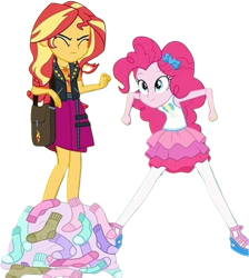 Size: 2262x2520 | Tagged: safe, edit, edited screencap, editor:homersimpson1983, screencap, pinkie pie, sunset shimmer, human, equestria girls, g4, my little pony equestria girls: choose your own ending, sock it to me, background removed, bag, clothes, duo, duo female, female, not a vector, socks