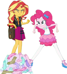 Size: 2262x2520 | Tagged: safe, edit, edited screencap, editor:homersimpson1983, screencap, pinkie pie, sunset shimmer, human, equestria girls, g4, my little pony equestria girls: choose your own ending, sock it to me, background removed, bag, clothes, duo, duo female, female, not a vector, simple background, socks, transparent background