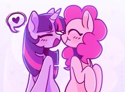 Size: 939x691 | Tagged: safe, artist:sillyp0ne, pinkie pie, twilight sparkle, earth pony, pony, unicorn, g4, abstract background, blushing, colored, colored pinnae, countershading, curly mane, cute, diapinkes, duo, duo female, eyelashes, facing each other, female, horn, lesbian, long mane, looking at each other, looking at someone, mare, multicolored mane, open mouth, open smile, pink coat, pink mane, profile, purple coat, raised hooves, ship:twinkie, shipping, sitting, smiling, smiling at each other, speech bubble, straight mane, twiabetes, unicorn horn, unicorn twilight