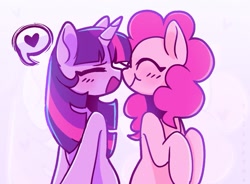 Size: 939x691 | Tagged: safe, artist:sillyp0ne, pinkie pie, twilight sparkle, earth pony, pony, unicorn, g4, abstract background, blushing, colored, colored pinnae, curly mane, cute, diapinkes, duo, duo female, eyelashes, facing each other, female, horn, lesbian, long mane, looking at each other, looking at someone, mare, multicolored mane, open mouth, open smile, pink coat, pink mane, profile, purple coat, raised hooves, ship:twinkie, shipping, sitting, smiling, smiling at each other, speech bubble, spoken heart, straight mane, twiabetes, unicorn horn, unicorn twilight