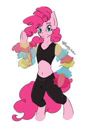 Size: 1394x1949 | Tagged: safe, artist:destiny_manticor, pinkie pie, earth pony, pony, semi-anthro, g4, belly, belly button, clothes, female, fluffy hair, looking at you, mare, midriff, simple background, smiling, solo, transparent background