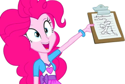 Size: 3758x2520 | Tagged: safe, edit, edited screencap, editor:homersimpson1983, screencap, pinkie pie, human, equestria girls, g4, my little pony equestria girls, arms, arms in the air, background removed, bracelet, breasts, bust, clipboard, clothes, female, fingers, hand, hands in the air, handwriting, happy, holding, jewelry, long hair, not a vector, open mouth, open smile, shirt, short sleeves, skirt, smiling, standing, talking, teenager, teeth, vest