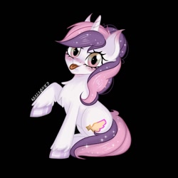 Size: 1280x1280 | Tagged: safe, artist:6hellboy9, oc, oc only, oc:sweetieck dreams, pony, unicorn, g4, black background, chest fluff, cute, female, horn, mare, simple background, solo, tongue out, unicorn horn, unicorn oc, unshorn fetlocks