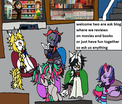 Size: 1153x984 | Tagged: safe, artist:ask-luciavampire, oc, earth pony, pegasus, pony, undead, unicorn, vampire, vampony, ask, book, horn, movie, tumblr