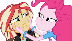 Size: 4396x2520 | Tagged: safe, edit, edited screencap, editor:homersimpson1983, screencap, pinkie pie, sunset shimmer, human, equestria girls, g4, background removed, duo, duo female, female, not a vector, puffy cheeks, squishy cheeks