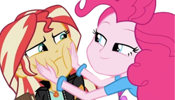 Size: 4396x2520 | Tagged: safe, edit, edited screencap, editor:mrtoonlover83, screencap, pinkie pie, sunset shimmer, human, equestria girls, g4, background removed, duo, duo female, female, not a vector, puffy cheeks, simple background, squishy cheeks, transparent background