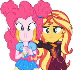 Size: 2602x2520 | Tagged: safe, edit, edited screencap, editor:homersimpson1983, editor:mrtoonlover83, screencap, pinkie pie, sunset shimmer, equestria girls, g4, background removed, duo, duo female, female, music festival outfit, not a vector, puffy cheeks, simple background, squishy cheeks, transparent background