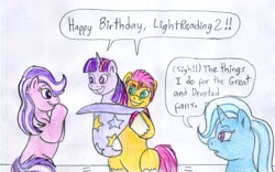 Size: 2435x1515 | Tagged: safe, artist:jose-ramiro, sunny starscout, trixie, twilight sparkle, oc, alicorn, earth pony, unicorn, g4, g5, dialogue, female, happy birthday, horn, sunny and her heroine, twilight sparkle (alicorn)