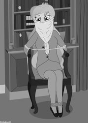 Size: 2500x3500 | Tagged: safe, artist:robukun, princess celestia, principal celestia, human, equestria girls, g4, black and white, bondage, bookshelf, bound and gagged, cloth gag, gag, grayscale, monochrome, solo, tied to chair, tied up