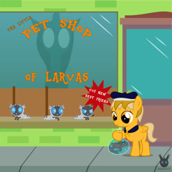 Size: 1418x1418 | Tagged: safe, artist:wheatley r.h., derpibooru exclusive, queen chrysalis, oc, oc:captain price, oc:red widow, changeling, changeling larva, pegasus, siren, comic:the little pet shop of larvas, g4, baby, baby siren, comic, female, filly, foal, hat, implied chrysalis, pegasus oc, pet shop, silhouette, siren oc, vector, watermark