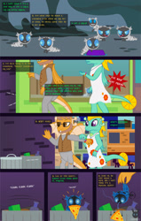 Size: 2134x3351 | Tagged: safe, artist:wheatley r.h., derpibooru exclusive, oc, oc:w. rhinestone eyes, changeling, changeling larva, dragon, comic:the little pet shop of larvas, blue changeling, bracelet, clothes, comic, dragon oc, female, food, glasses, jewelry, male, non-pony oc, onomatopoeia, pet shop, pizza, silhouette, spread wings, trash can, vector, watermark, wings