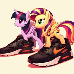 Size: 1024x1024 | Tagged: safe, artist:tom artista, prompter:tom artista, sunset shimmer, twilight sparkle, alicorn, pegasus, g4, artificial intelligence, background, colored, drip, female, h ai generated, nike, princess, shoes, simple, simple background, sneakers, twilight sparkle (alicorn)