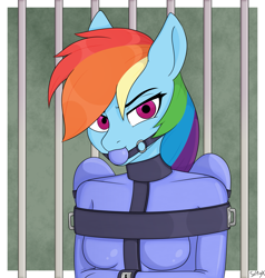 Size: 1425x1500 | Tagged: safe, artist:seltiox, rainbow dash, pegasus, anthro, g4, ballgag, bdsm, belts, bodysuit, bondage, bound, bound and gagged, bound wings, breasts, captured, caught, clothes, damsel in distress, digital art, encasement, female, fetish, gag, helpless, kidnapped, latex, latex suit, lock, long term, mare, peril, prisoner, restrained, rubber, shiny, skintight, solo, straitjacket, straps, tied, tied up, wing sleeves, wings