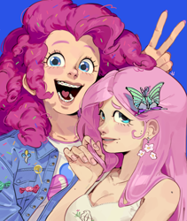 Size: 1915x2264 | Tagged: safe, artist:manysketchbooks, fluttershy, pinkie pie, human, g4, blue background, braces, breasts, busty fluttershy, cleavage, clothes, denim, denim jacket, duo, duo female, ear piercing, earring, female, hair accessory, high res, humanized, jacket, jewelry, lesbian, mole, open mouth, open smile, peace sign, piercing, ship:flutterpie, shipping, simple background, smiling, tank top