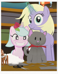 Size: 1055x1345 | Tagged: safe, artist:equestriaexploration, nightly wisp, oc, oc:cotton rose, cat, pony, unicorn, g4, duo, duo female, female, filly, flower, flower in hair, foal, horn, passepartout, plushie, rose, scissors, sewing machine, starry eyes, wingding eyes