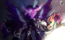 Size: 1920x1200 | Tagged: safe, artist:brainiac, sunny starscout, twilight sparkle, alicorn, g5, alternate universe, azem, crossover, duo, duo female, emet-selch, evil twilight, female, final fantasy, final fantasy xiv, nightmare twilight, nightmarified, sketch, sunny and her anti-heroine, sunny and her heroine, vent art, warrior of light