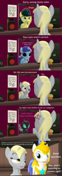 Size: 1920x5400 | Tagged: safe, artist:red4567, carrot top, derpy hooves, golden harvest, minuette, changeling, earth pony, pegasus, pony, unicorn, g4, 3d, black mane, black sclera, comic, derp, derpy hooves is not amused, disguise, disguised changeling, fail, female, food, horn, male, muffin, oops, royal guard, source filmmaker, that's not my neighbor, unamused, wrong eye color, wrong mane color