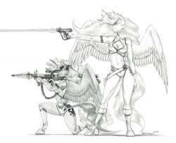 Size: 1500x1216 | Tagged: safe, artist:baron engel, princess celestia, princess luna, alicorn, anthro, unguligrade anthro, g4, breasts, busty princess celestia, cleavage, dirty pair, female, mare, monochrome, pencil drawing, rocket launcher, simple background, traditional art, weapon, white background