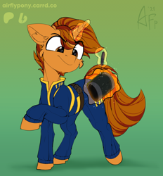 Size: 1486x1600 | Tagged: safe, artist:airfly-pony, oc, oc only, pony, unicorn, fallout equestria, 2021, clothes, gradient background, horn, jumpsuit, looking at something, magic, magic aura, male, orange coat, patreon, patreon reward, pipboy, pipbuck, screwdriver, solo, vault, vault suit