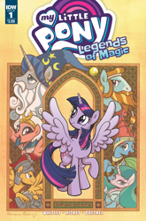 Size: 2063x3131 | Tagged: safe, artist:brenda hickey, idw, official comic, flash magnus, meadowbrook, mistmane, rockhoof, somnambula, star swirl the bearded, twilight sparkle, alicorn, earth pony, pegasus, pony, unicorn, g4, legends of magic #1, my little pony: legends of magic, official, spoiler:comic, armor, beard, beautiful, book, comic cover, cover, cover art, curved horn, cute, english, facial hair, female, glare, horn, lidded eyes, looking back, male, mare, meadowcute, merchandise, my little pony logo, open mouth, open smile, pillars of equestria, raised hoof, smiling, smirk, somnambetes, spread wings, stallion, text, twilight sparkle (alicorn), wings