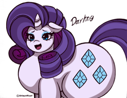 Size: 2048x1582 | Tagged: safe, artist:artmorheart, rarity, pony, unicorn, g4, darling, female, horn, large butt, looking at you, smiling, smiling at you, wide hips