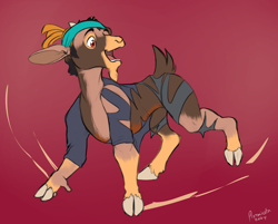 Size: 2304x1851 | Tagged: safe, artist:pixiemiata, shanty (tfh), goat, human, them's fightin' herds, bandana, clothes, cloven hooves, community related, explicit source, female, gradient background, human to goat, open mouth, open smile, pants, ripped, ripped pants, ripped shirt, shirt, smiling, solo, torn clothes, transformation