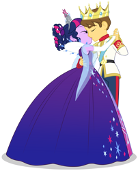 Size: 2803x3462 | Tagged: safe, artist:sapphiregamgee, twilight sparkle, oc, equestria girls, g4, canon x oc, clothes, crown, dancing, dress, duo, duo male and female, female, french kiss, gown, jewelry, kiss on the lips, kissing, male, prince, princess, regalia, romantic, simple background, solo, straight, tiara, transparent background