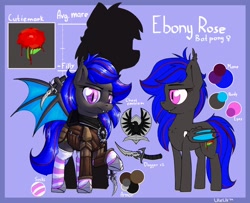 Size: 900x729 | Tagged: safe, artist:uteuk, oc, oc:ebony rose, bat pony, armor, clothes, female, mare, reference sheet, socks, stockings, thigh highs, weapon