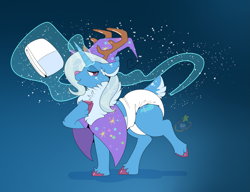 Size: 2191x1681 | Tagged: safe, artist:maynara, trixie, deer, deer pony, hybrid, original species, unicorn, g4, cape, clothes, deerified, diaper, diaper fetish, female, fetish, hat, horn, magic, non-baby in diaper, solo, species swap, telekinesis, trixie's cape, trixie's hat