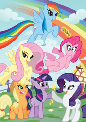 Size: 958x1354 | Tagged: safe, artist:paul abstruse, applejack, fluttershy, pinkie pie, rainbow dash, rarity, twilight sparkle, earth pony, pegasus, pony, unicorn, g4, 2013, applejack's hat, cloud, cowboy hat, female, fence, flower, flying, group, hat, hoofbump, horn, house, lidded eyes, mane six, mare, on a cloud, open mouth, open smile, outdoors, ponyville, rainbow, raised hoof, signature, sitting, smiling, spread wings, tail, unicorn twilight, wings