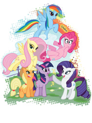Size: 720x960 | Tagged: safe, artist:paul abstruse, applejack, fluttershy, pinkie pie, rainbow dash, rarity, twilight sparkle, earth pony, pegasus, pony, unicorn, g4, 2013, applejack's hat, cloud, cowboy hat, design, female, fence, flower, flying, group, hat, hoofbump, horn, house, lidded eyes, mane six, mare, on a cloud, open mouth, open smile, outdoors, ponyville, rainbow, raised hoof, shirt design, signature, sitting, smiling, spread wings, tail, unicorn twilight, wings