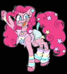 Size: 1822x2000 | Tagged: safe, artist:crowbar19, pinkie pie, earth pony, pony, g4, black background, clothes, female, jewelry, leg warmers, mare, maydendressup, necklace, simple background, smiling, solo, tail, tail wrap, waving