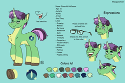 Size: 3600x2400 | Tagged: safe, artist:socialgutbrain777, oc, oc only, oc:emerald halfmoon, pony, unicorn, adhd, amogus eyes, among us, autism, crying, female, glasses, green fur, horn, looking up, meme, open mouth, purple hair, reference sheet, sad, silly face, simple background, solo, solo female, teal eyes